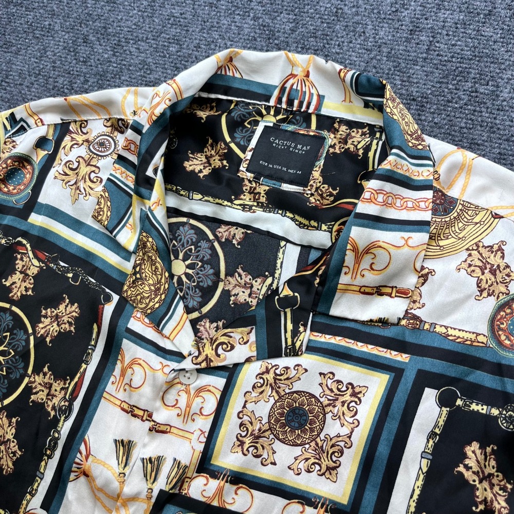 Cactus Man Baroque Scarf Print Gold Chain Medallion Camp Collar Button Down
